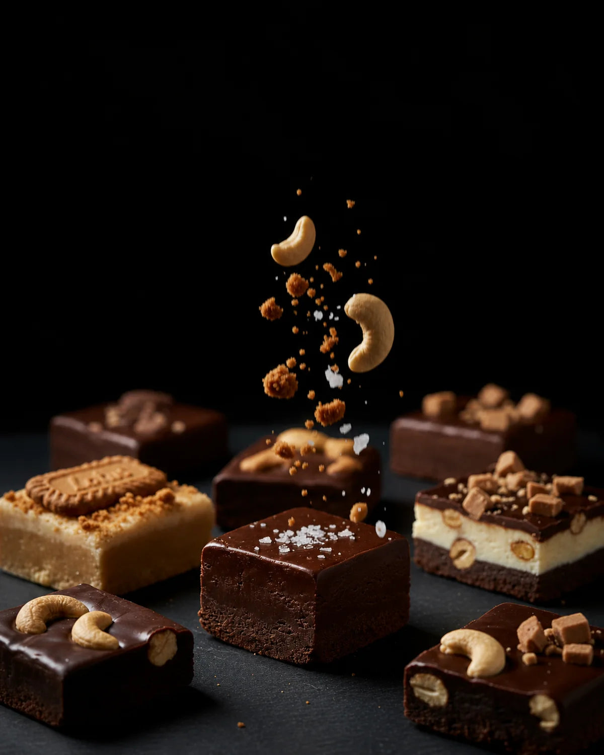 Alyoné fudge assortment with cashew crumbs and sea salt falling above