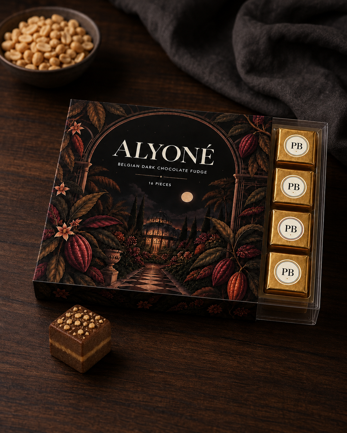 Alyoné Kitchen Salted Peanut Butter — Box Lifestyle Cacao portrait [AK-20260908:peanut-butter/box-lifestyle-cacao-4x5.png]