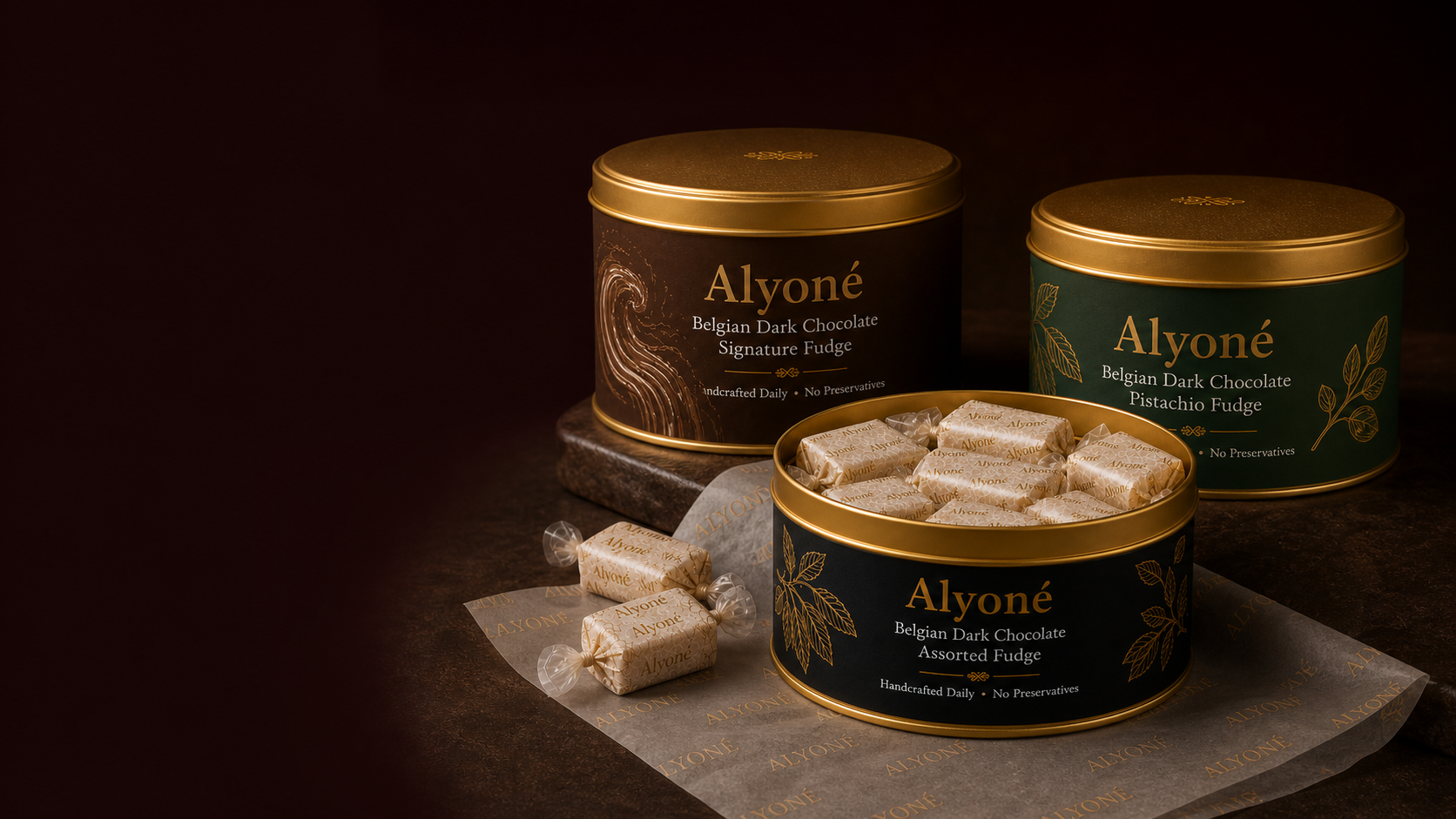 Alyoné gold fudge tins arranged for considered business gifting