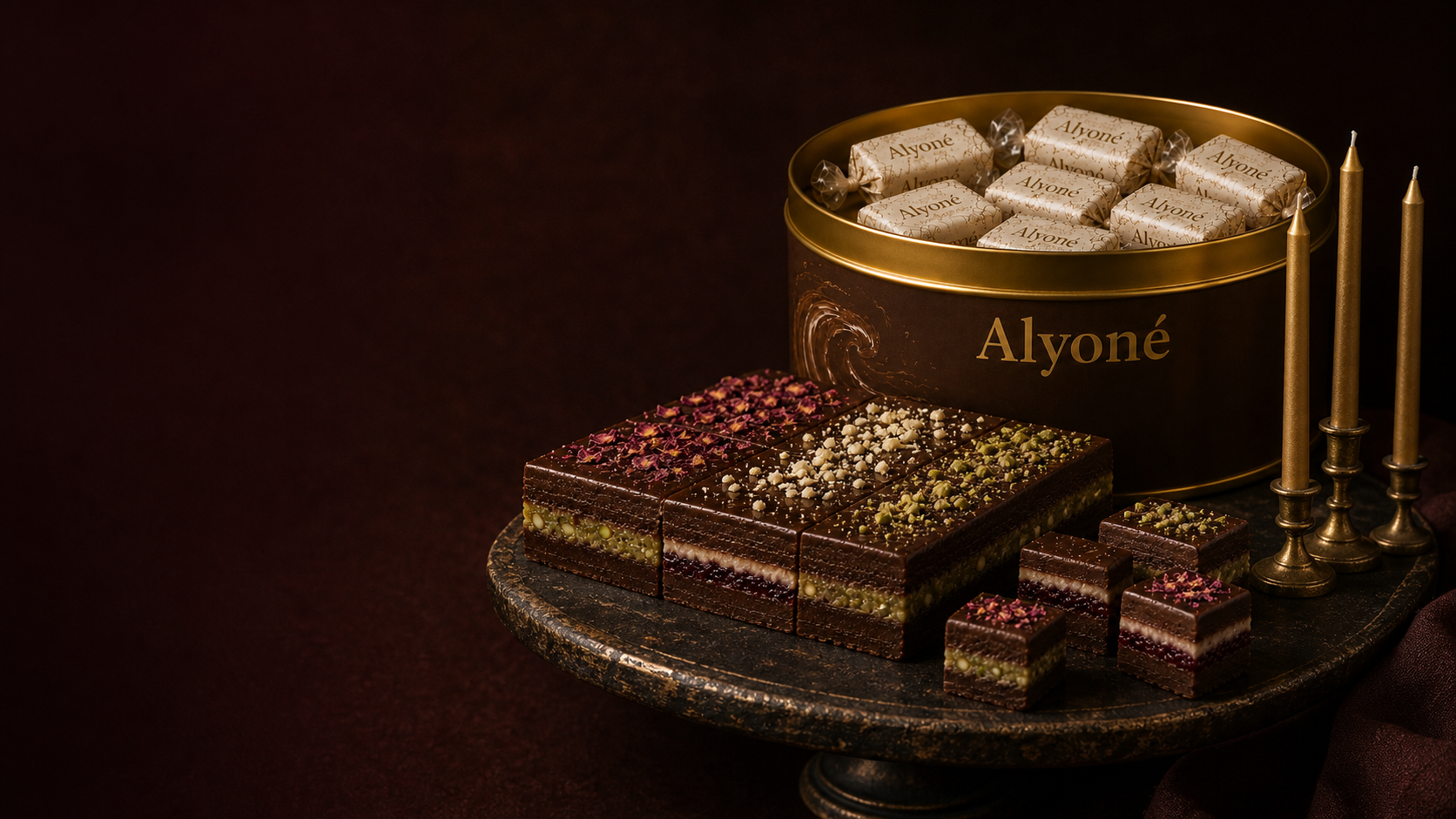 Alyoné layered fudge celebration slab with gold tin and understated candles
