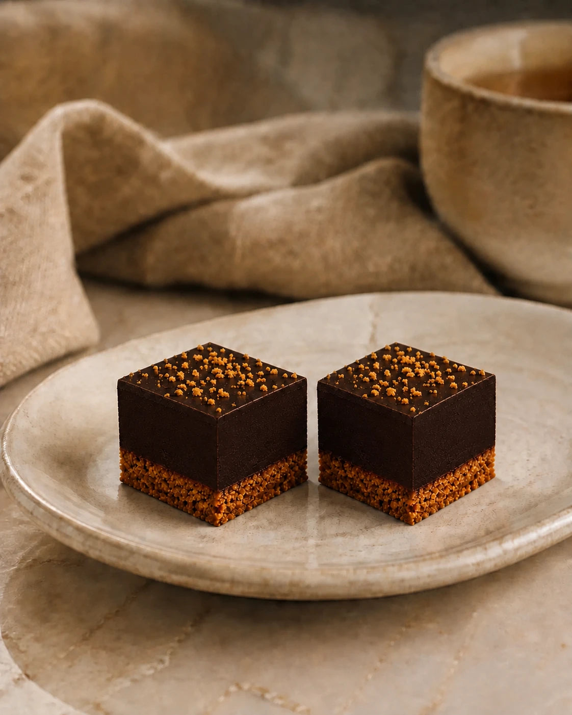 Alyoné biscoff dark chocolate fudge cubes with a biscuit base and scattered biscuit crumbs, served on a ceramic plate.