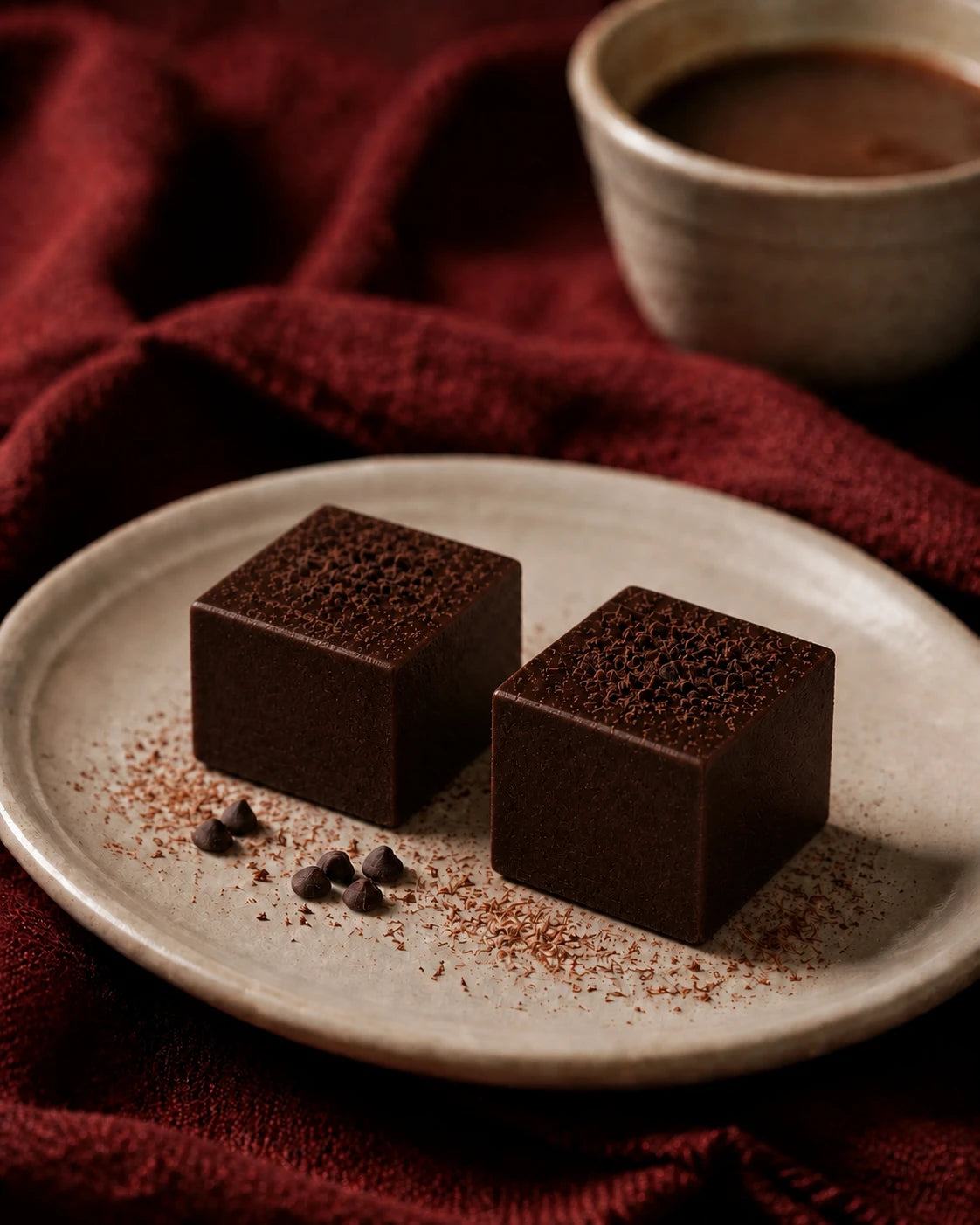 Alyoné signature dark chocolate fudge cubes with delicate chocolate shavings, served on a ceramic plate.