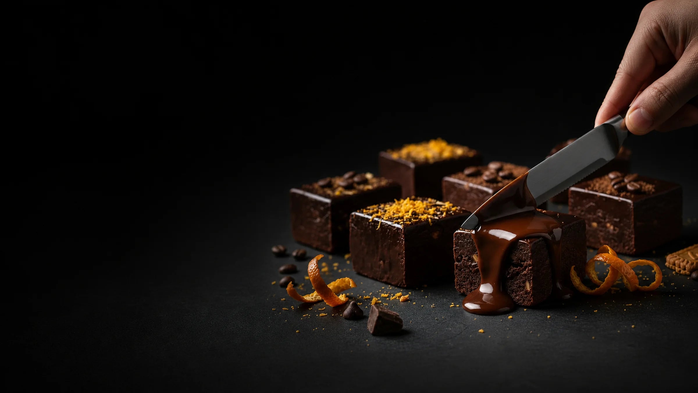 Knife cutting glossy Alyoné chocolate fudge with rich chocolate pour