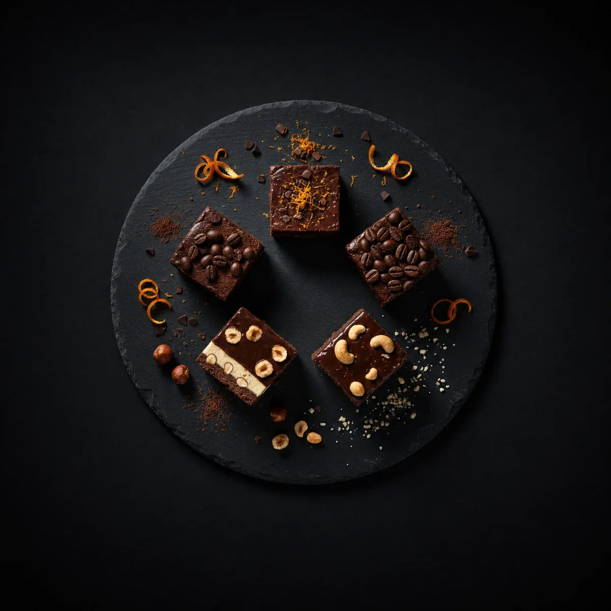 Overhead assortment of five Alyoné fudge flavours on circular black slate