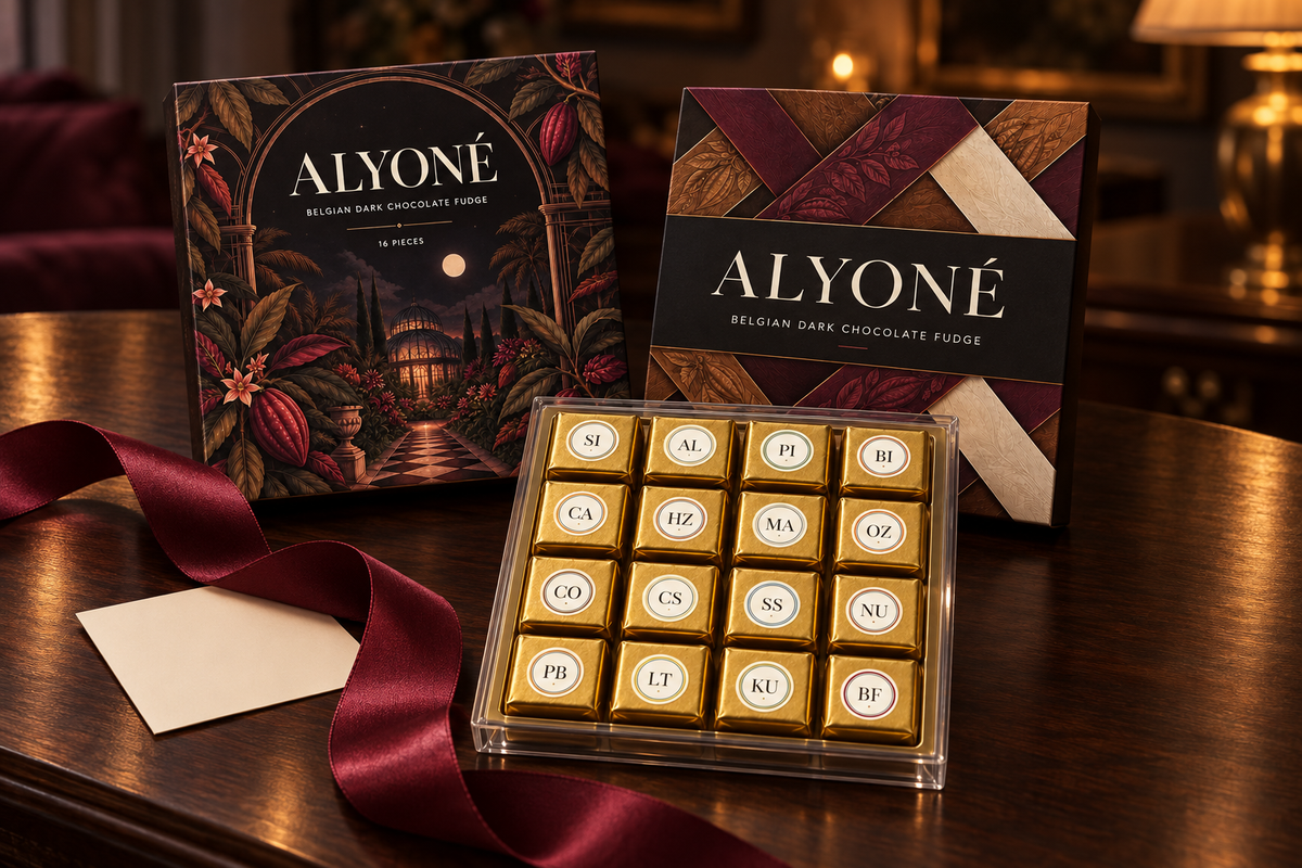 Alyoné sixteen-piece gift box with Cacao Conservatory and Woven Orchard sleeves