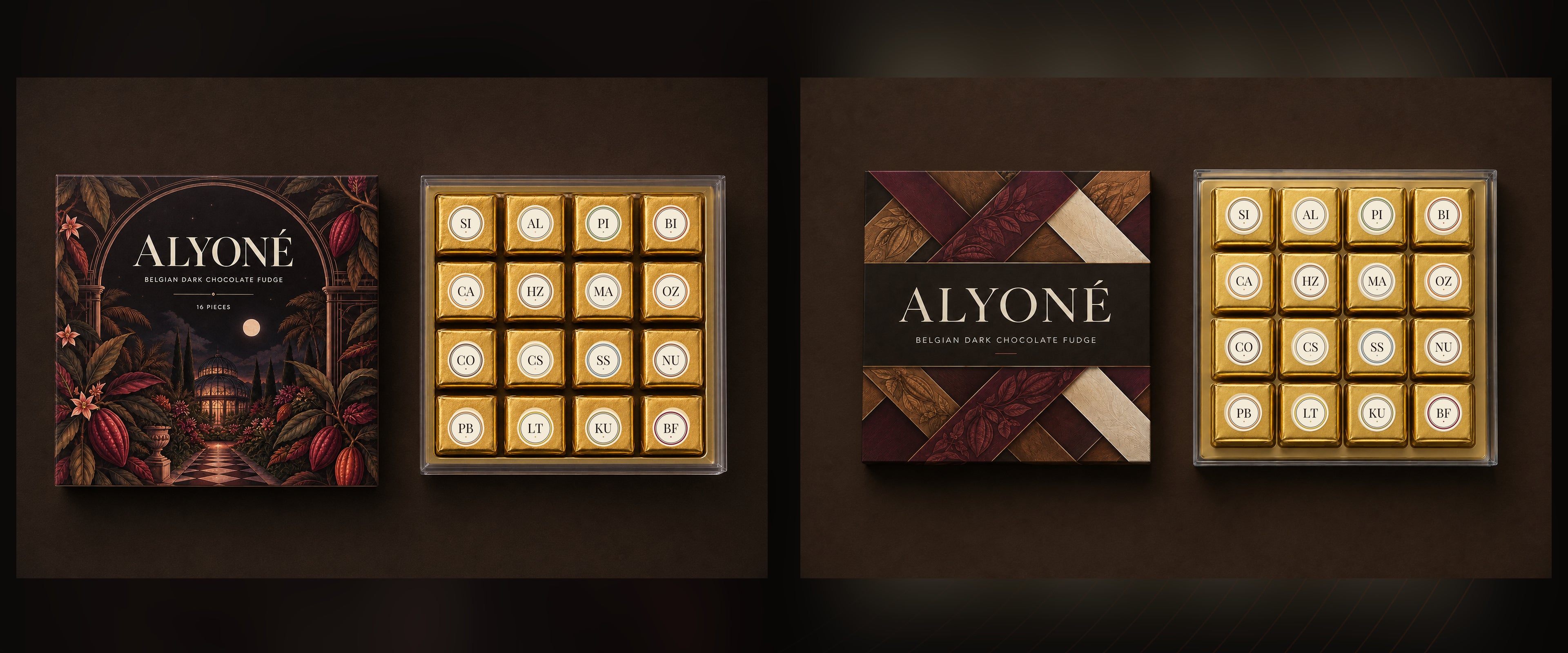 Both Alyoné sleeve choices with the sixteen-piece fudge box